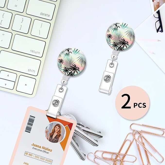 2 Pack Badge Reels Holder Retractable with ID Clip for Nurse Name Tag Card Nursing for Doctor Teacher Student Employee Office Medical Work (Tropical Palm)