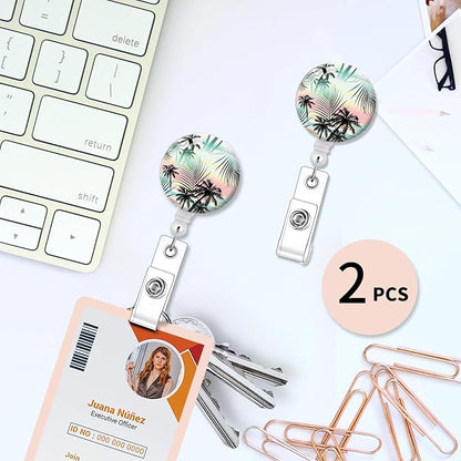 2 Pack Badge Reels Holder Retractable with ID Clip for Nurse Name Tag Card Nursing for Doctor Teacher Student Employee Office Medical Work (Tropical Palm)