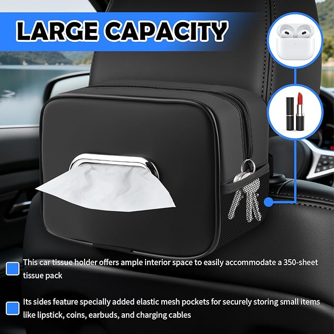 Leather Car Tissue Holder,Upgraded Large Capacity Car Tissue Box Cover with Side Mesh Pockets & Zipper,Foldable Tissues Holder in Cars for Sun Visor & Headrest Organizer