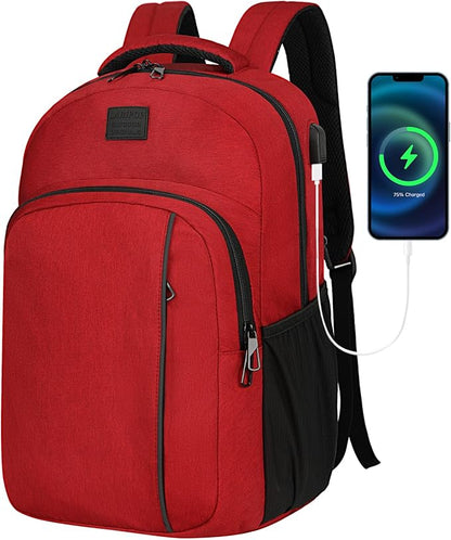LARIPOP Carry On Backpack for Airplane, 17.3 Inch Laptop Backpack with USB Charging Port, Water Resistant Business Travel Backpack, Lightweight College School Bookbag Anti Theft for Men Women, Red
