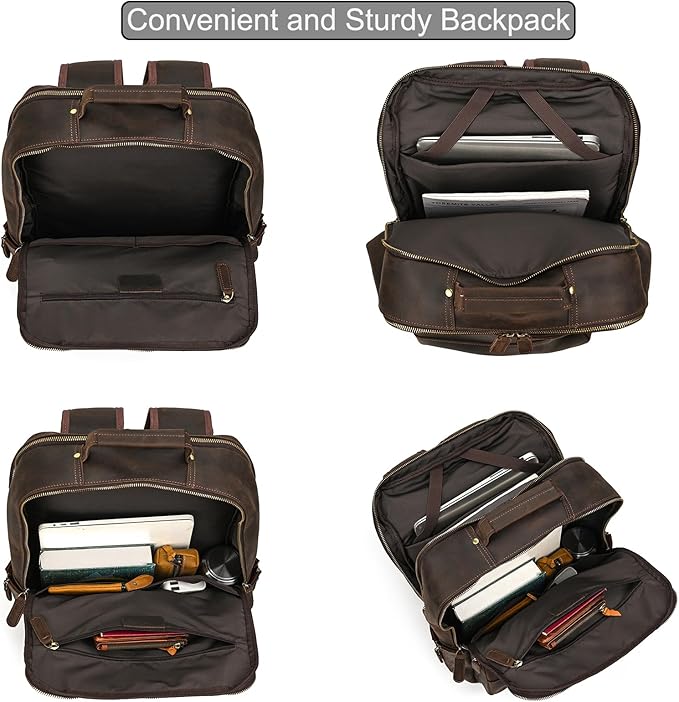 LUUFAN Vintage Genuine Leather Backpack Large Capacity 16" Laptop Shoulder Bag for Men Overnight Weekender Daypack Rucksack, Dark Brown
