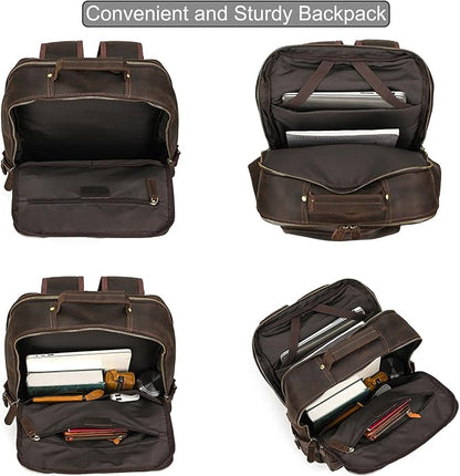 LUUFAN Vintage Genuine Leather Backpack Large Capacity 16" Laptop Shoulder Bag for Men Overnight Weekender Daypack Rucksack, Dark Brown