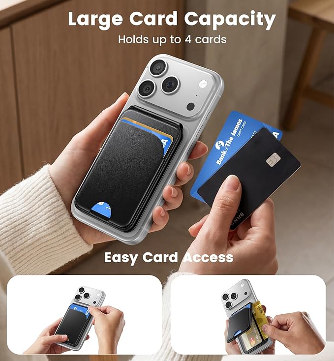 QYQBOON Magnetic Phone Wallet With Makeup Mirror - Mag Safe Wallet Leather RFID-Blocking Mag-Safe Card Holder for iPhone 17/16/15/14/13/12 Series, Not for iPhone 13/12 Mini (Black)