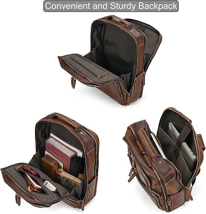 LUUFAN Full-grain Leather Brown Backpack for Men, 15.6 Inch Laptop Shoulder Bag Large Capacity Rucksack Business Daypack Travel Outdoor Bag with Trolley Sleeve