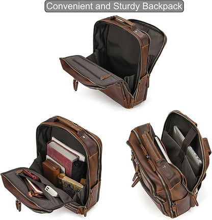LUUFAN Full-grain Leather Brown Backpack for Men, 15.6 Inch Laptop Shoulder Bag Large Capacity Rucksack Business Daypack Travel Outdoor Bag with Trolley Sleeve