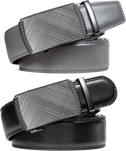 Founders & C Mens Belt 2 Pack,Leather Ratchet Click Belt Dress with Slide Buckle 1 3/8" in Gift Set Box- Size Adjustable