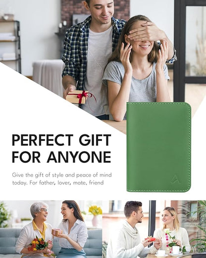 ALLIVE Passport Holder for Travel, Genuine Leather Passport Holder Women Men,Passport Cover,Travel Wallet Must Haves Airport Essentials Travel Gifts Green