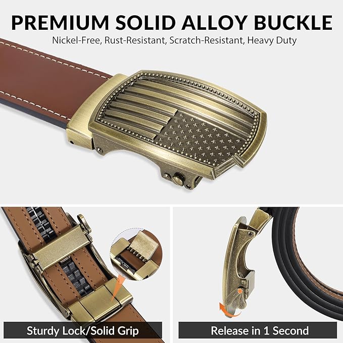 SANSTHS Mens Ratchet Belts Leather 1 3/8" for Men Dress and Casual, Adjustable Click Belts with American Flag Buckles