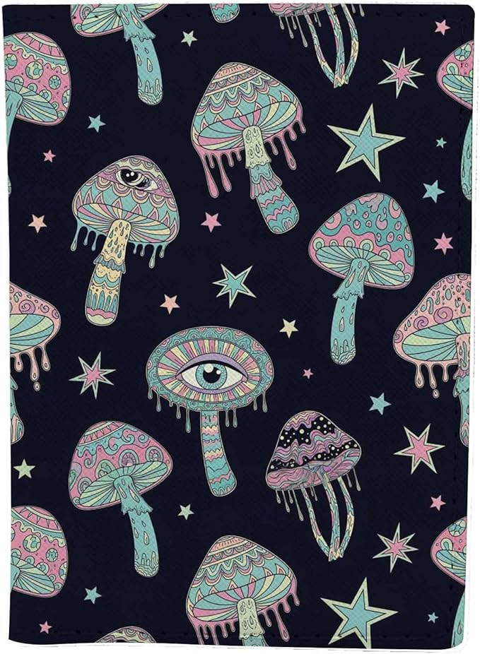 Magic Mushrooms Passport Holder for Travel Hippie Colorful Mushrooms Boho Nature PU Leather Passport Cover Wallet Cute Passport Card Holder for Women and Men