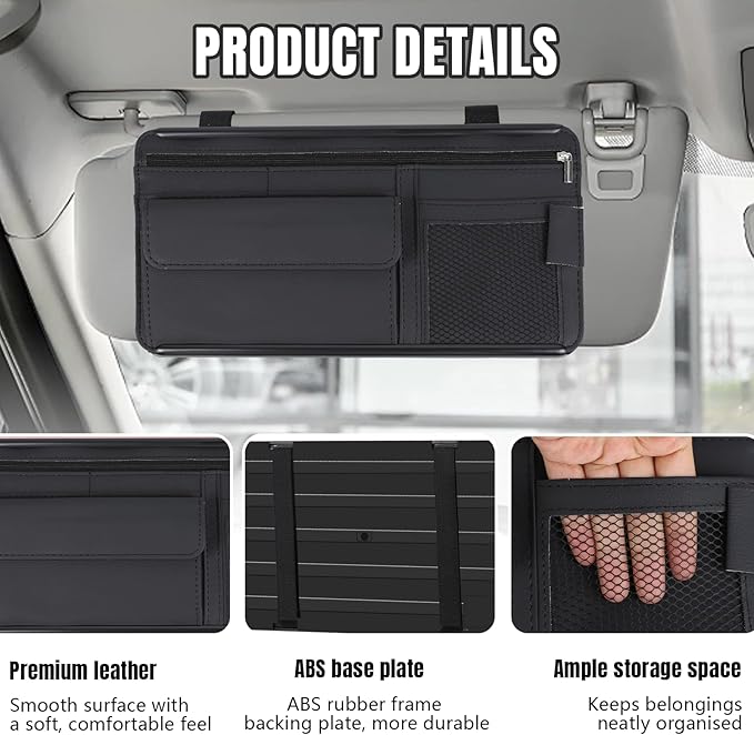 Hovom Car Visor Organizer, Leather Multi-Pocket Auto Sun Visor Storage Pouch with Sunglasses Holder, Card Holder, Zipper Pocket, Net Pocket, Pen Slot, Universal Interior Car Accessories (Black)