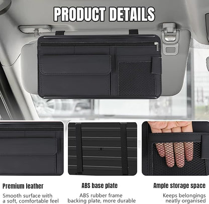 Hovom Car Visor Organizer, Leather Multi-Pocket Auto Sun Visor Storage Pouch with Sunglasses Holder, Card Holder, Zipper Pocket, Net Pocket, Pen Slot, Universal Interior Car Accessories (Black)