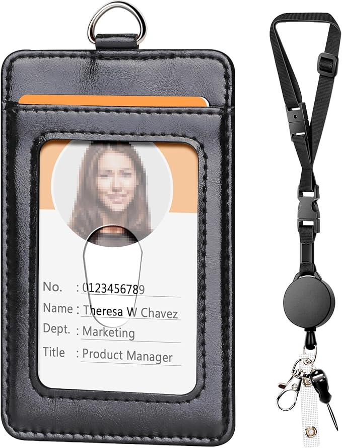 Leather Badge Holder and Adjustable Retractable Lanyards, Quick Release Buckle and Safety Breakaway Lanyards with Swivel Metal Clasp for Offices, Staff, Students, Employees