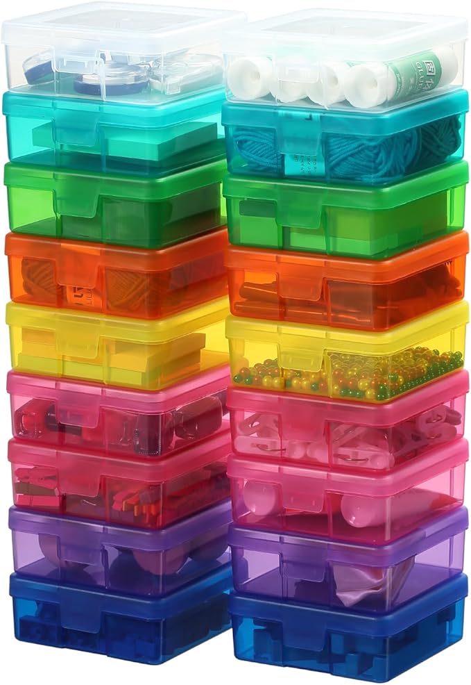novelinks Plastic Small Storage Bins with Lids for Organizing, Mini Clear Storage Containers and Stackable Storage Box Organizer for Pencil Boxes, Task Boxes, Crayon Boxes (18 Pack Small -Color)