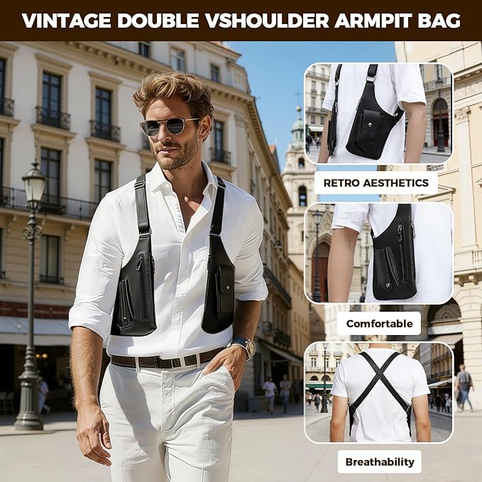 ECGER Large Double Shoulder Armpit Bag - Underarm Holster for Men, Anti-Theft Concealed Crossbody Wallet|phone Pouch for Outdoor Travel Cycling Work, Premium PU Leather (Brown Armpit Bag)