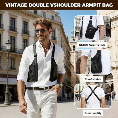 ECGER Large Double Shoulder Armpit Bag - Underarm Holster for Men, Anti-Theft Concealed Crossbody Wallet|phone Pouch for Outdoor Travel Cycling Work, Premium PU Leather (Brown Armpit Bag)