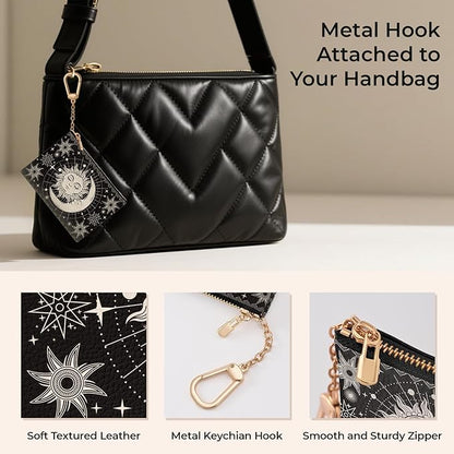 Sun Moon Keychain Coin Purse for Women, Small PU Leather Change Pouch, Zipper Little Tiny Travel Wallet for Girls, Cute Kawaii Zip Pocket Coin Holder with Key Ring