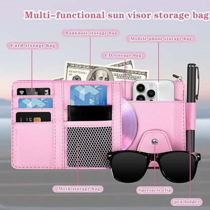 Sun Visor Organizer (Pink),Car Visor Storage Holder for Sunglasses, Documents, Cards & Pen,Zipper Pocket,Fits Sedans, Trucks, SUVs,Auto Interior Accessory