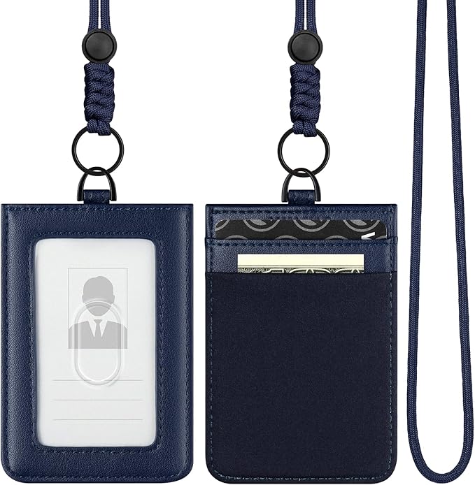 VULKIT ID Badge Holder with Lanyard for Women and Men Vertical Leather Badge Holder with Clear ID Window Card Holder Slot and Money Pocket Navy