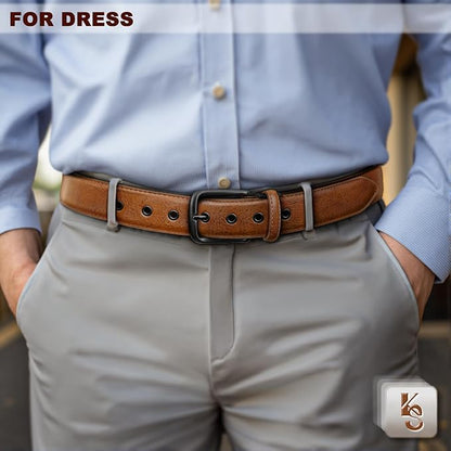 KEMISANT Men Leather Belt 7Holes Adjustable for Jean Casual Dress Golf 1 1/2"-Metal Hole Design-Cut For Fit
