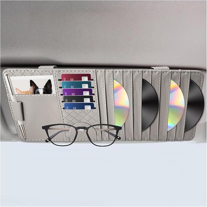 Sun Visor CD Case Holder for Car, Leather Auto Visor DVD Storage Case with Card Slots & Pen Holder, Multi-Pocket Large Capacity CD Layered Organizer for Most Vehicles (Gray)
