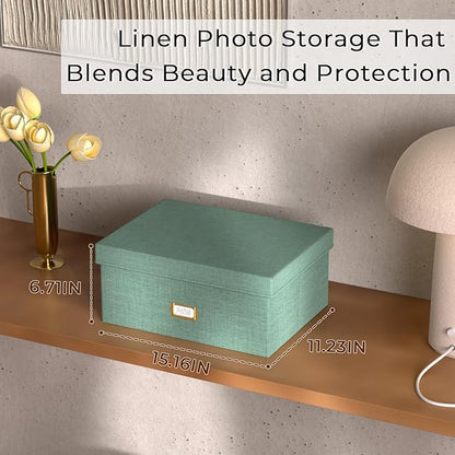 Decorative Photo Storage Box - Linen Photo Box Organizer with Dividers, Fits Holds Up to 1700 Pictures and 5x7 Photos, Memory Keepsake Organizer for Photos, Scrapbook Supplies, Cards, Stamps (Green)