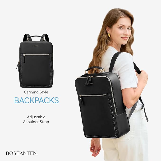 BOSTANTEN Leather Backpack 15.6 inch Laptop Bag Travel Casual Computer Backpack College Business Work Shoulder Bags with Trolley Sleeve for Women Men Black