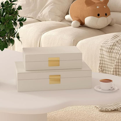 Decorative Storage Boxes Set of 2 - Multi-Purpose Beautiful PU Leather Organizer Bins for Your Home Decor - Decorative Containers with Lids Store Photos, Documents, Memory Box Keepsakes (Beige)