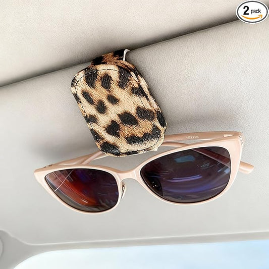Leopard Sunglass Holder for Car, 2 Pack Universal Magnetic Car Sun Visor Eyeglass Holder, Leopard Print Leather Glasses Clip for Car, Ticket Card Clip, Cheetah Sunglass Holder for Car