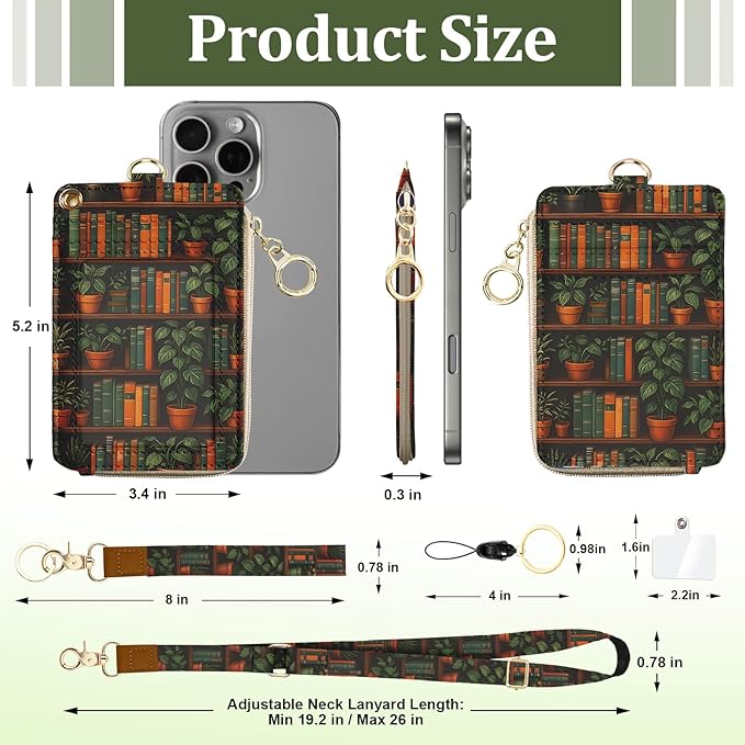 Bookshelf Plant Lanyard for Id Badges, RFID Credit Card Holder Wallet with Neck Lanyard Wristlet,PU Leather ID Case with Adjustable Lanyard Keychain for Women Teacher Student Nurse Office Gift