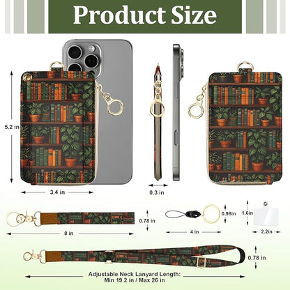 Bookshelf Plant Lanyard for Id Badges, RFID Credit Card Holder Wallet with Neck Lanyard Wristlet,PU Leather ID Case with Adjustable Lanyard Keychain for Women Teacher Student Nurse Office Gift