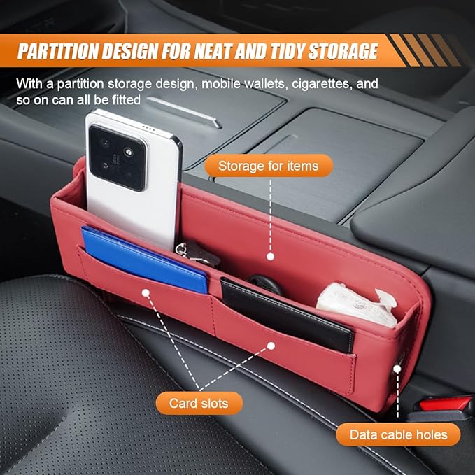 LAINLOY Car Seat Gap Filler, Leather Car Holder Gap Bag, Universal Car Storage Box for Front Seats, Car Seat Gap Organizer Accessories for Phones, Glasses, Keys, Cards (Red)