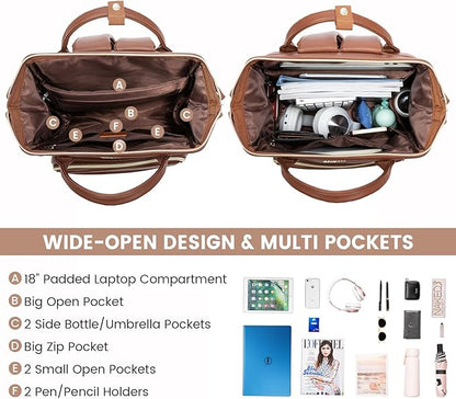 LOVEVOOK Leather Laptop Backpack for Women 18 inch,Travel Backpack Purse Nurse Teacher Backpack Computer Laptop Bag,Professional College Business Work Bags Carry On Backpack with USB Port,Brown
