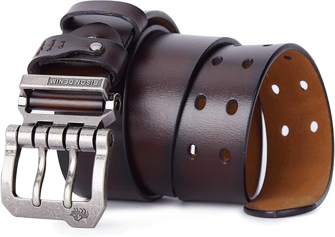 BISON DENIM Men's Belts Leather Dress Genuine Leather Classic Heavy Duty Buckle Belt Casual for Jeans