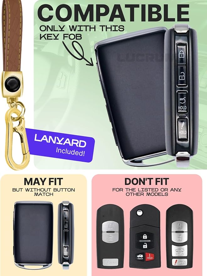 Lucrum Compatible with Mazda Key Fob Cover & Leather Keychain - TPU Case for 3, 6, CX-5 CX-9 CX-30 CX-50 CX-70 (2019-2025)