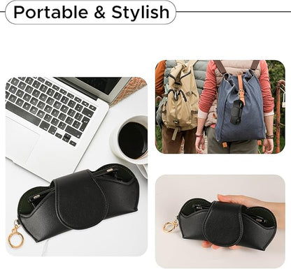 KINIVA Sunglasses Holder for Car Visor with Hanging Hook Portable Leather Glasses Storage Bag with Detachable Clips