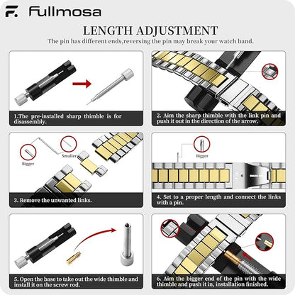 Fullmosa 22mm Stainless Steel Watch Band, Quick Release Metal Replacement Strap with Removable Links, Includes Spring Bars & Link Removal Tool for Men Women (Silver+Golden)
