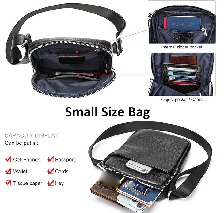 NIUCUNZH Man Purses and Bags Small, Mini Genuine Leather Messenger and Shoulder Bag for Men with lots of Zipper Pockets