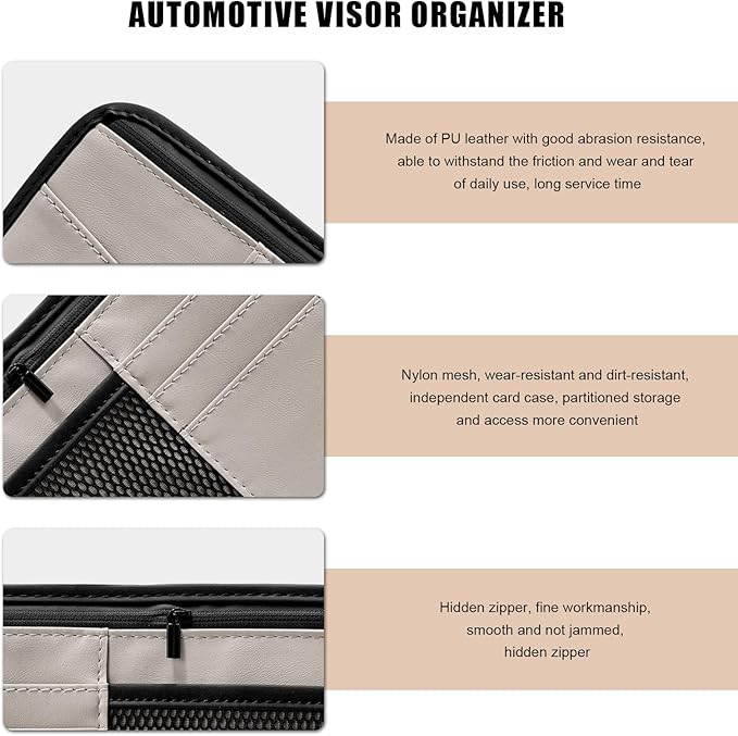Car Sun Visor Organizer, PU Leather Multi-Pocket Visor Storage Pouch with Zipper, Auto Interior Document Holder Sunvisor Card Sleeve Pocket Organizer for Driving License Pen Key (Gray)