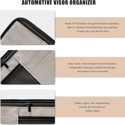 Car Sun Visor Organizer, PU Leather Multi-Pocket Visor Storage Pouch with Zipper, Auto Interior Document Holder Sunvisor Card Sleeve Pocket Organizer for Driving License Pen Key (Gray)