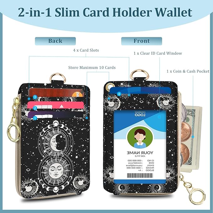 Sun and Moon Lanyard Wallet with ID Badge Holder, PU Leather Zipper Card Holder for Women, Boho Slim ID Case, RFID Detachable Neck Lanyard Wrist Strap with Keychain for Teacher Work Office