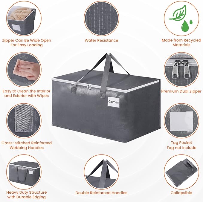 BlissTotes Large Moving Boxes and with Zippers & Handles Moving Supplies with lids, Heavy Duty Totes for Storage Bags for Space Saving, Fold Flat, Moving and Storing, 93L, 10 Pack