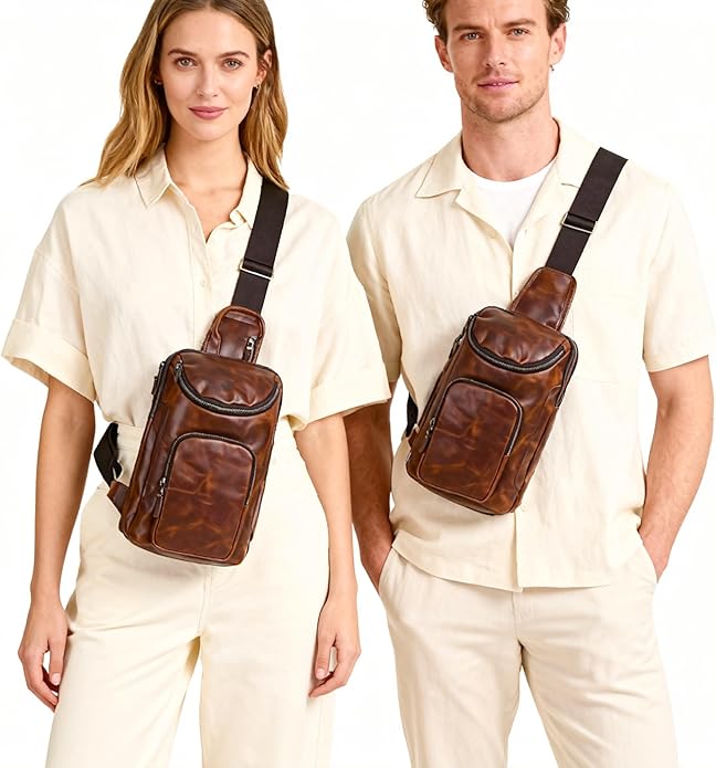 Thick Crazy horse Leather Triangle Crossbody Sling Chest Bag Travel One Shoulder Bag Daypack For Men Male 3028