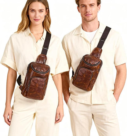 Thick Crazy horse Leather Triangle Crossbody Sling Chest Bag Travel One Shoulder Bag Daypack For Men Male 3028
