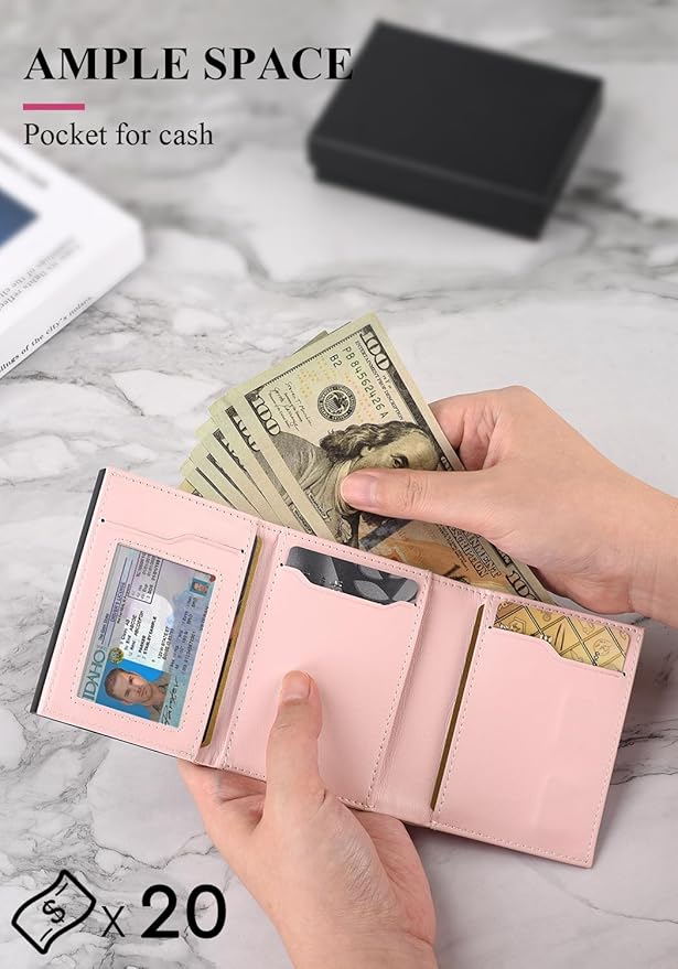 Small Wallet for Men-Pop Up Card Case,with Money Clip Slim Leather Slots Credit Card Holder RFID Blocking Trifold Minimalist Wallet with ID Window and Coin Purse(Pink Small Wallet for Men Gift