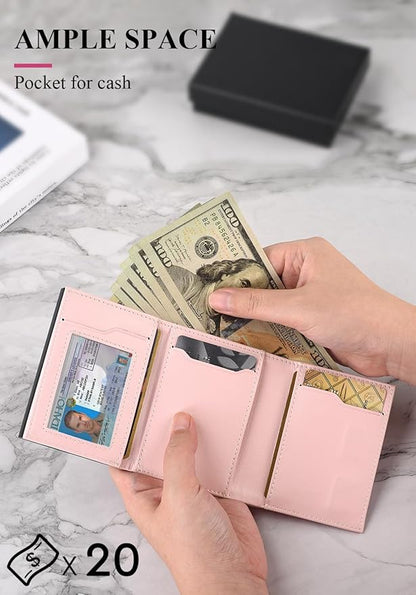 Small Wallet for Men-Pop Up Card Case,with Money Clip Slim Leather Slots Credit Card Holder RFID Blocking Trifold Minimalist Wallet with ID Window and Coin Purse(Pink Small Wallet for Men Gift