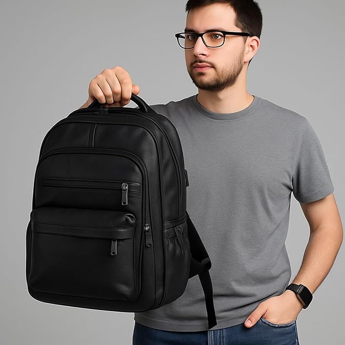 Vintage Leather Backpack for Men 16" Laptop Bag for work Casual Daypack Business Travel Rucksack Waterproof (Deep Black)