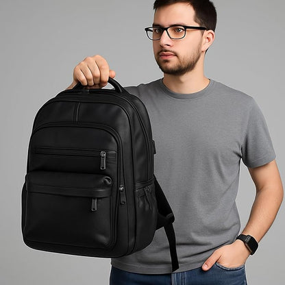 Vintage Leather Backpack for Men 16" Laptop Bag for work Casual Daypack Business Travel Rucksack Waterproof (Deep Black)
