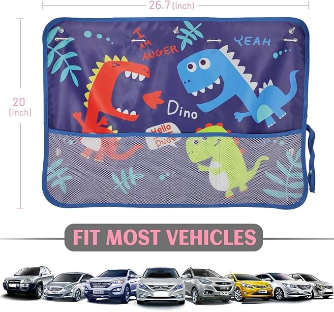 DIZA100 Car Window Shade for Baby, 2 Pack Car Sun Shades with Storage Net Pocket Auto Window Curtain 7 Suction Cups Blue Dinosaurs for Sun/Heat/UV Rays Protection Kids
