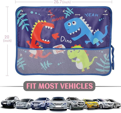 DIZA100 Car Window Shade for Baby, 2 Pack Car Sun Shades with Storage Net Pocket Auto Window Curtain 7 Suction Cups Blue Dinosaurs for Sun/Heat/UV Rays Protection Kids