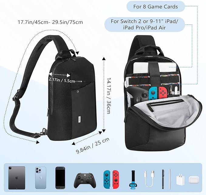 MoKo 9-11 inch Sling Bag Backpack for 11-inch iPad Pro M5/M4, iPadAir M3/M2, iPad A16, Compact EDC Daypack Crossbody Shoulder Bag Travel Carrying Case for Switch 2/OLED/Steam Deck/Rog Ally X, Black